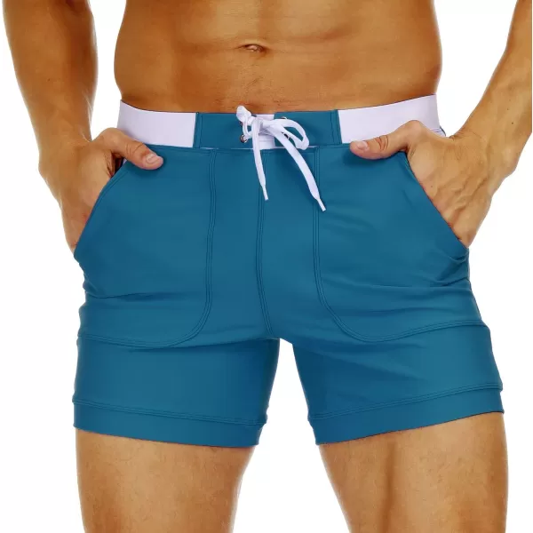 MAGNIVIT Mens Swimwear Swimsuits Solid Basic Long Swim Sport Trunks Board Shorts with PocketsPeacock Blue