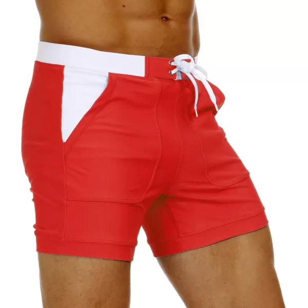 MAGNIVIT Mens Swimwear Swimsuits Solid Basic Long Swim Sport Trunks Board Shorts with PocketsRed