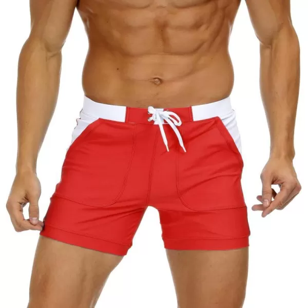 MAGNIVIT Mens Swimwear Swimsuits Solid Basic Long Swim Sport Trunks Board Shorts with PocketsRed