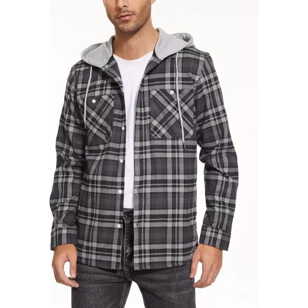 MAGNIVIT Mens Classic Plaid Long Sleeve Hooded Shirts Multi Pockets Thin Cotton Light Jacket Relaxed Fit Casual OutwearBlack Grey