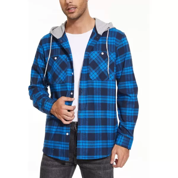 MAGNIVIT Mens Classic Plaid Long Sleeve Hooded Shirts Multi Pockets Thin Cotton Light Jacket Relaxed Fit Casual OutwearBlue