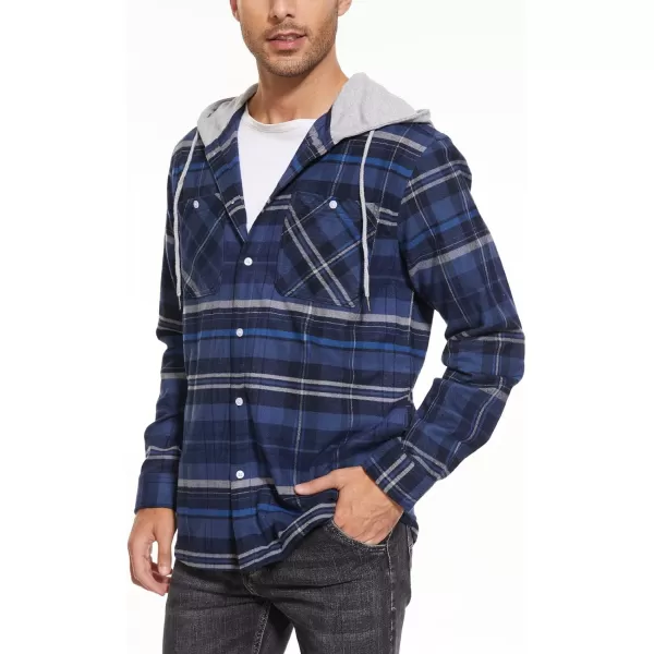 MAGNIVIT Mens Classic Plaid Long Sleeve Hooded Shirts Multi Pockets Thin Cotton Light Jacket Relaxed Fit Casual OutwearBlue Grey