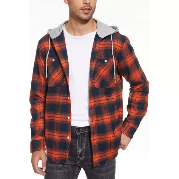 MAGNIVIT Mens Classic Plaid Long Sleeve Hooded Shirts Multi Pockets Thin Cotton Light Jacket Relaxed Fit Casual OutwearOrange