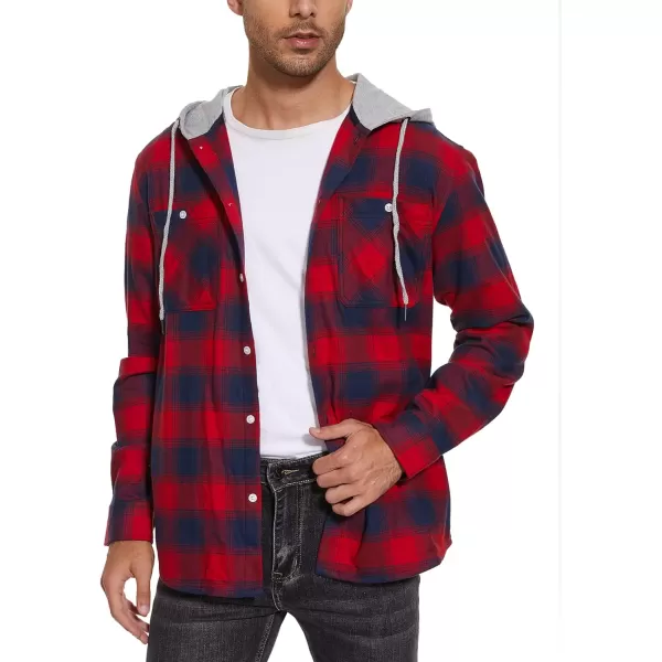 MAGNIVIT Mens Classic Plaid Long Sleeve Hooded Shirts Multi Pockets Thin Cotton Light Jacket Relaxed Fit Casual OutwearRed