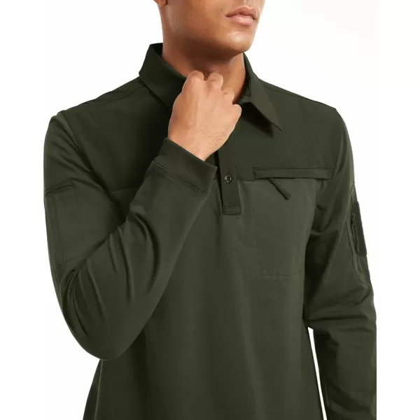 MAGNIVIT Mens Tactical Polo Shirt Long Sleeve Military Pullover Performance Zipper Pocket ShirtsArmy Green