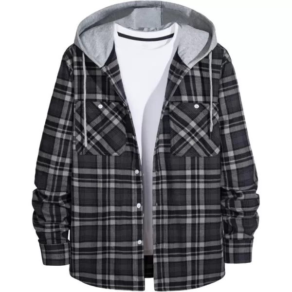 MAGNIVIT Mens Classic Plaid Long Sleeve Hooded Shirts Multi Pockets Thin Cotton Light Jacket Relaxed Fit Casual OutwearBlack Grey