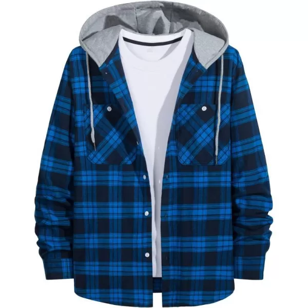 MAGNIVIT Mens Classic Plaid Long Sleeve Hooded Shirts Multi Pockets Thin Cotton Light Jacket Relaxed Fit Casual OutwearBlue