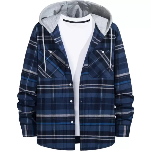 MAGNIVIT Mens Classic Plaid Long Sleeve Hooded Shirts Multi Pockets Thin Cotton Light Jacket Relaxed Fit Casual OutwearBlue Grey