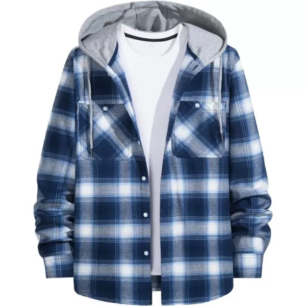 MAGNIVIT Mens Classic Plaid Long Sleeve Hooded Shirts Multi Pockets Thin Cotton Light Jacket Relaxed Fit Casual OutwearBlue White