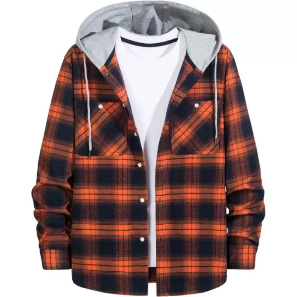 MAGNIVIT Mens Classic Plaid Long Sleeve Hooded Shirts Multi Pockets Thin Cotton Light Jacket Relaxed Fit Casual OutwearOrange