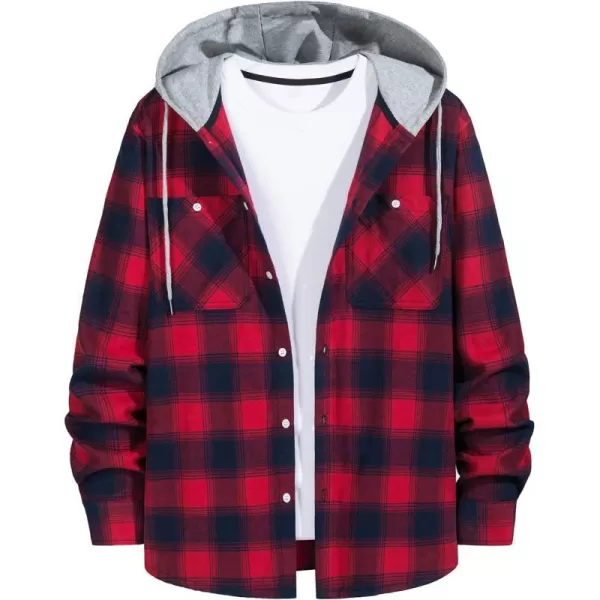 MAGNIVIT Mens Classic Plaid Long Sleeve Hooded Shirts Multi Pockets Thin Cotton Light Jacket Relaxed Fit Casual OutwearRed