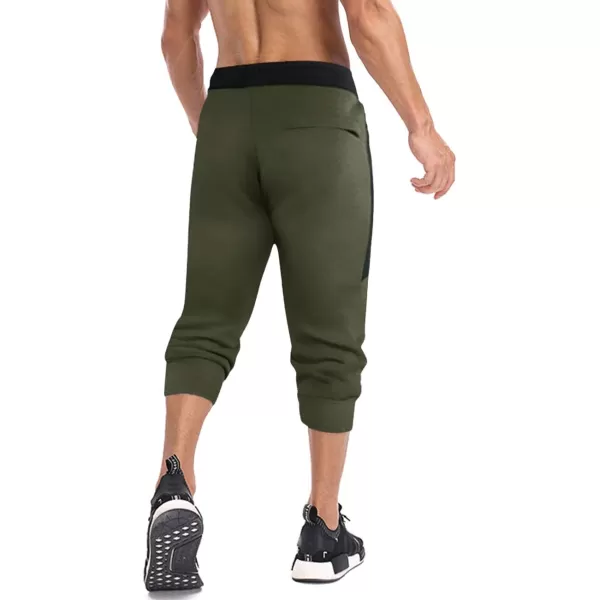 MAGNIVIT Mens 34 Jogger Capri Pants Workout Gym Below Knee Shorts Zipper PocketsArmy Green 2