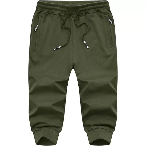 MAGNIVIT Mens 34 Jogger Capri Pants Workout Gym Below Knee Shorts Zipper PocketsArmy Green