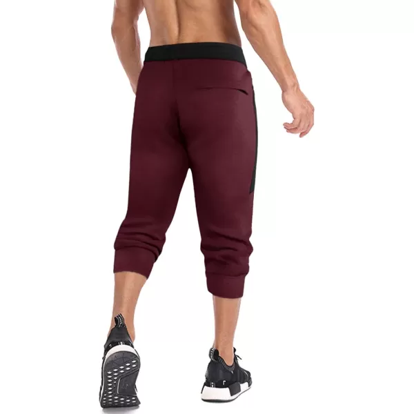 MAGNIVIT Mens 34 Jogger Capri Pants Workout Gym Below Knee Shorts Zipper PocketsBurgundy 2