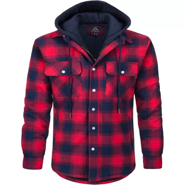 MAGNIVIT Mens Flannel Shirt Jacket with 5 Pockets Winter Thicken Plaid Quilted Lined Coats Hoodie with Removable HoodRed