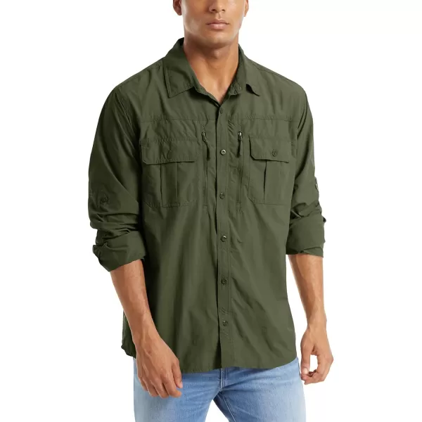 MAGNIVIT Mens Long Sleeve Shirts UPF 50 Sun Protection Button Down Hiking Fishing Work ShirtsArmy Green