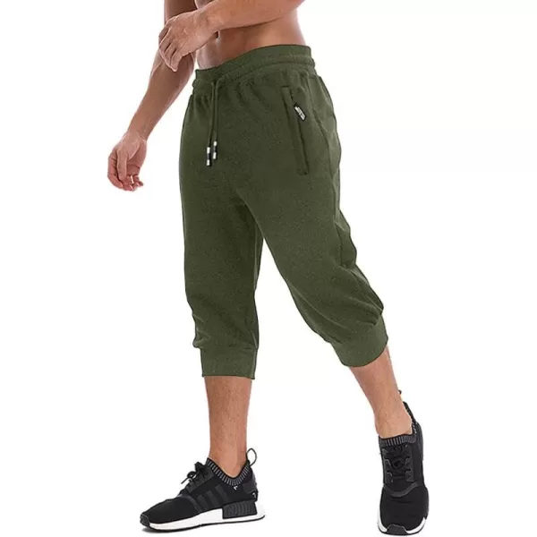 MAGNIVIT Mens 34 Jogger Capri Pants Workout Gym Below Knee Shorts Zipper PocketsArmy Green