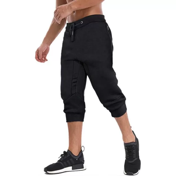 MAGNIVIT Mens 34 Jogger Capri Pants Workout Gym Below Knee Shorts Zipper PocketsBlack 2