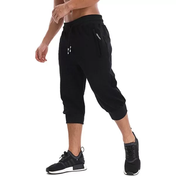 MAGNIVIT Mens 34 Jogger Capri Pants Workout Gym Below Knee Shorts Zipper PocketsBlack