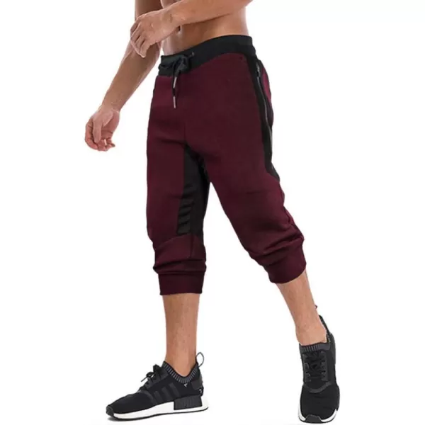 MAGNIVIT Mens 34 Jogger Capri Pants Workout Gym Below Knee Shorts Zipper PocketsBurgundy 2