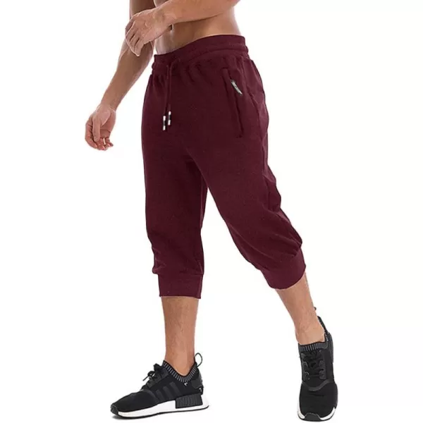 MAGNIVIT Mens 34 Jogger Capri Pants Workout Gym Below Knee Shorts Zipper PocketsBurgundy