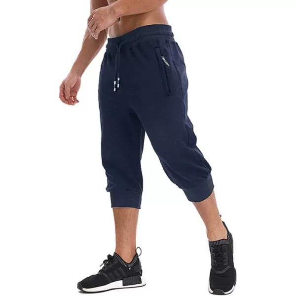 MAGNIVIT Mens 34 Jogger Capri Pants Workout Gym Below Knee Shorts Zipper PocketsNavy Blue