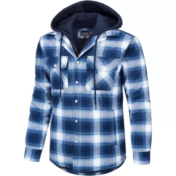 MAGNIVIT Mens Flannel Shirt Jacket with 5 Pockets Winter Thicken Plaid Quilted Lined Coats Hoodie with Removable HoodBlue White