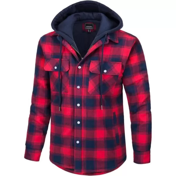 MAGNIVIT Mens Flannel Shirt Jacket with 5 Pockets Winter Thicken Plaid Quilted Lined Coats Hoodie with Removable HoodRed