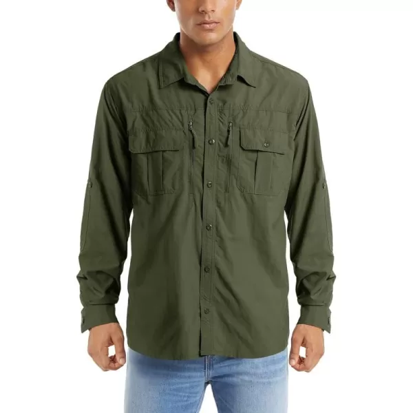 MAGNIVIT Mens Long Sleeve Shirts UPF 50 Sun Protection Button Down Hiking Fishing Work ShirtsArmy Green