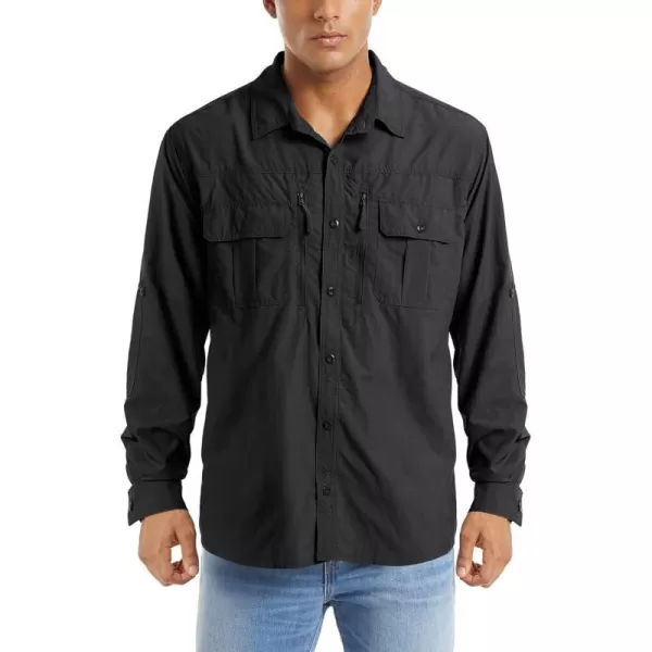 MAGNIVIT Mens Long Sleeve Shirts UPF 50 Sun Protection Button Down Hiking Fishing Work ShirtsBlack