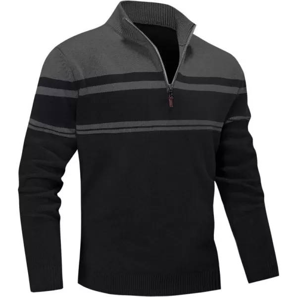 MAGNIVIT Mens Sweater Quarter Zip Striped Pullover Fall Winter Spring Color Block Polo SweatshirtsBlack