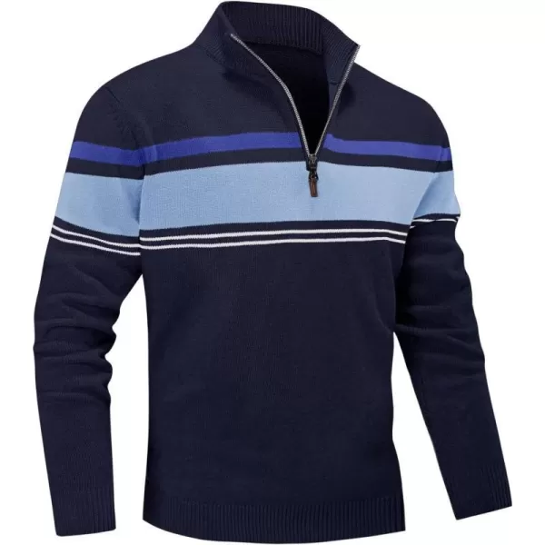 MAGNIVIT Mens Sweater Quarter Zip Striped Pullover Fall Winter Spring Color Block Polo SweatshirtsNavy Lake Blue