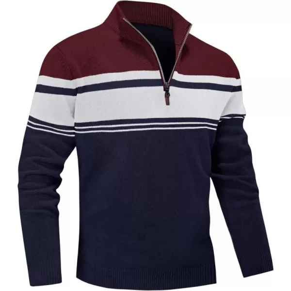 MAGNIVIT Mens Sweater Quarter Zip Striped Pullover Fall Winter Spring Color Block Polo SweatshirtsNavy Wine Red