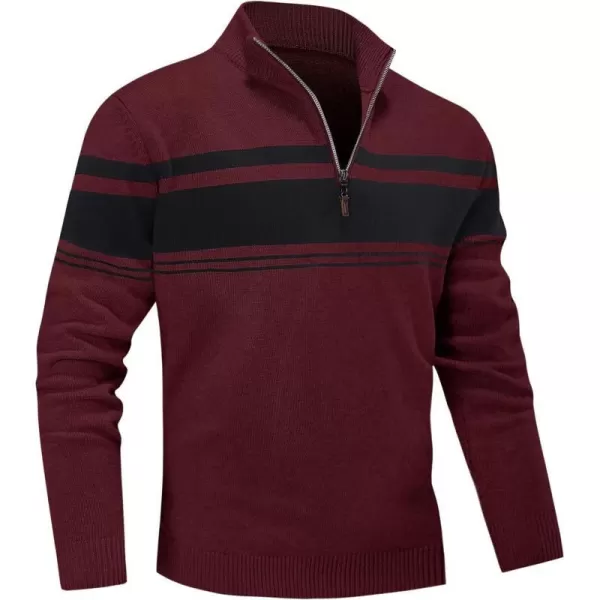 MAGNIVIT Mens Sweater Quarter Zip Striped Pullover Fall Winter Spring Color Block Polo SweatshirtsWine Red