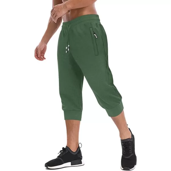 imageMAGNIVIT Mens 34 Jogger Capri Pants Workout Gym Below Knee Shorts Zipper Pockets Jogger Sweatpant Capris for MenPea Green