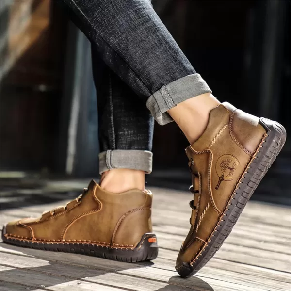 Dacomfy Mens Casual Shoes SlipOn Loafers Ankle Boots Hand Stitching Chukka Boots Laceup Driving Walking Leather ShoesKhaki1