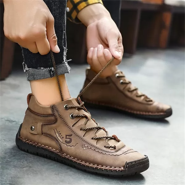 Dacomfy Mens Casual Shoes SlipOn Loafers Ankle Boots Hand Stitching Chukka Boots Laceup Driving Walking Leather ShoesKhaki2