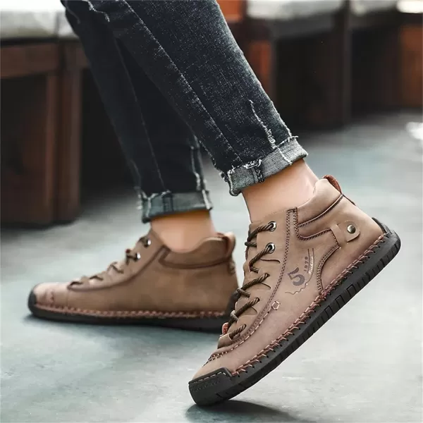 Dacomfy Mens Casual Shoes SlipOn Loafers Ankle Boots Hand Stitching Chukka Boots Laceup Driving Walking Leather ShoesKhaki2
