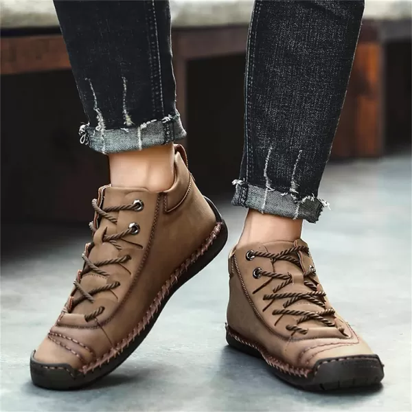 Dacomfy Mens Casual Shoes SlipOn Loafers Ankle Boots Hand Stitching Chukka Boots Laceup Driving Walking Leather ShoesKhaki2
