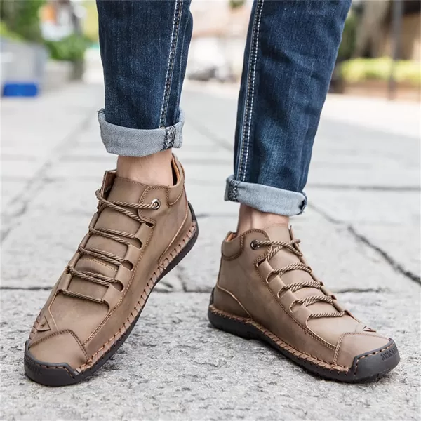 Dacomfy Mens Casual Shoes SlipOn Loafers Ankle Boots Hand Stitching Chukka Boots Laceup Driving Walking Leather ShoesKhaki3