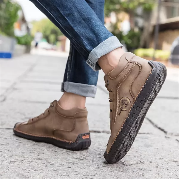 Dacomfy Mens Casual Shoes SlipOn Loafers Ankle Boots Hand Stitching Chukka Boots Laceup Driving Walking Leather ShoesKhaki3
