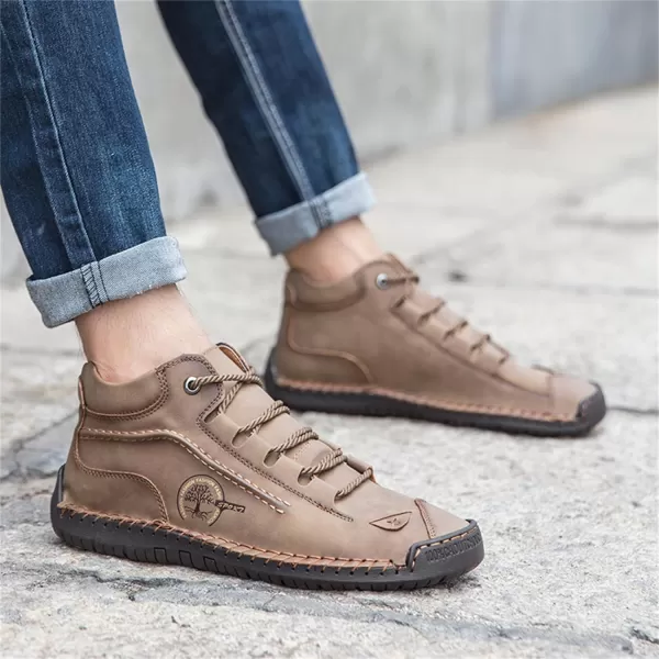 Dacomfy Mens Casual Shoes SlipOn Loafers Ankle Boots Hand Stitching Chukka Boots Laceup Driving Walking Leather ShoesKhaki3