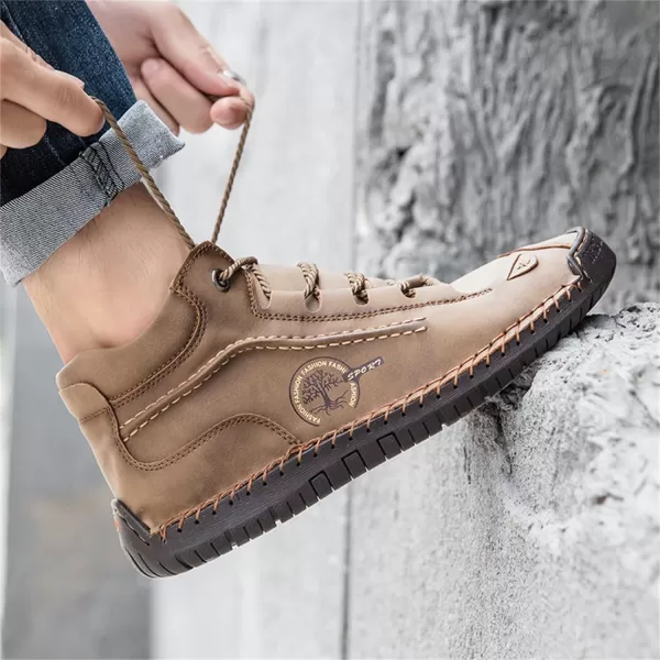 Dacomfy Mens Casual Shoes SlipOn Loafers Ankle Boots Hand Stitching Chukka Boots Laceup Driving Walking Leather ShoesKhaki3
