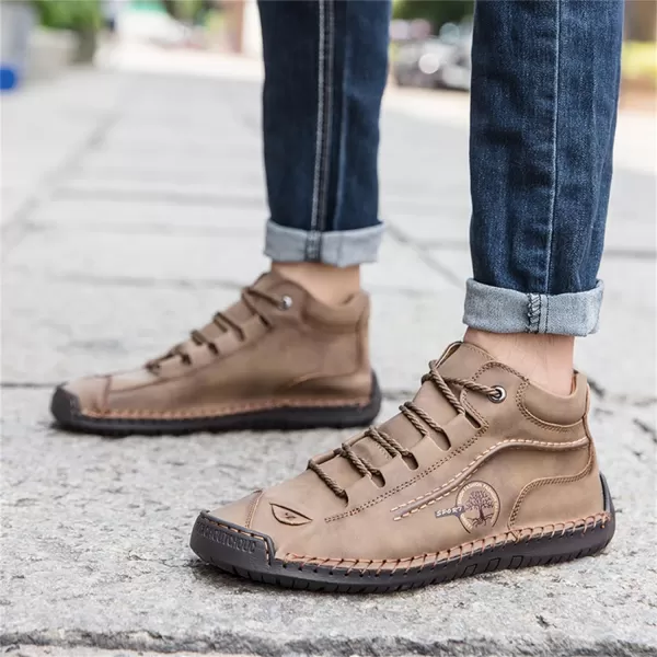 Dacomfy Mens Casual Shoes SlipOn Loafers Ankle Boots Hand Stitching Chukka Boots Laceup Driving Walking Leather ShoesKhaki3