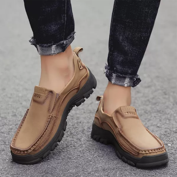 Lazzy Loafers for Men Slip On Casual Shoes Leather Outdoor Driving Boat ShoeKhaki