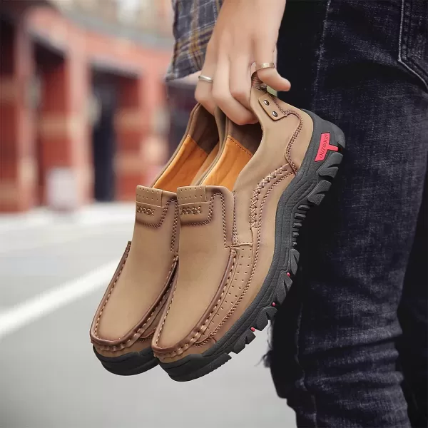 Lazzy Loafers for Men Slip On Casual Shoes Leather Outdoor Driving Boat ShoeKhaki