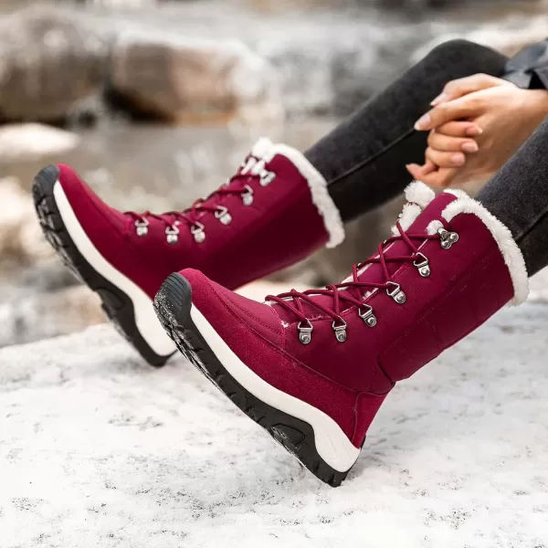 Lazzy Snow Boots for Women Warm Winter Boots Waterproof Lace Up MidCalf Booties Winter Walking Shoes for WomenRed