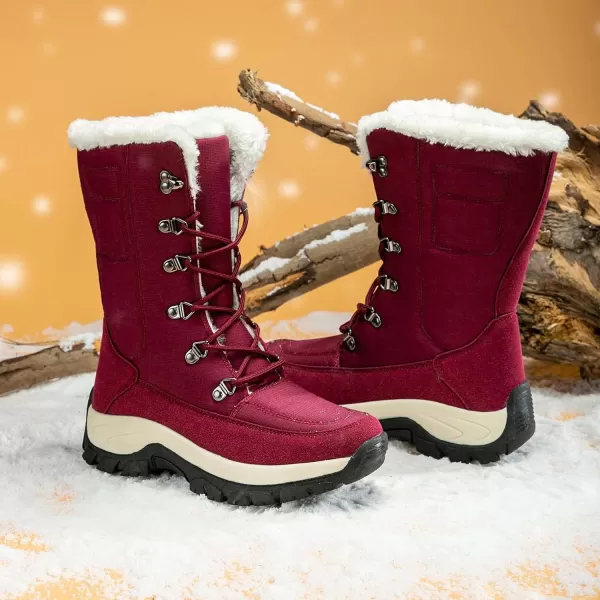 Lazzy Snow Boots for Women Warm Winter Boots Waterproof Lace Up MidCalf Booties Winter Walking Shoes for WomenRed