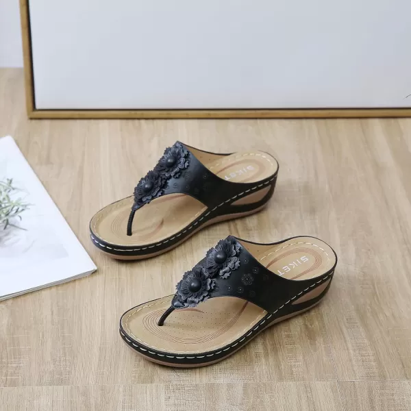 Lazzy Womens Wedge Sandals Platform Flip Flops Beach Sandals Arch Support Comfortable Casual Summer Shoes Bohemia Flowers Thong Wedges for WomenBlack