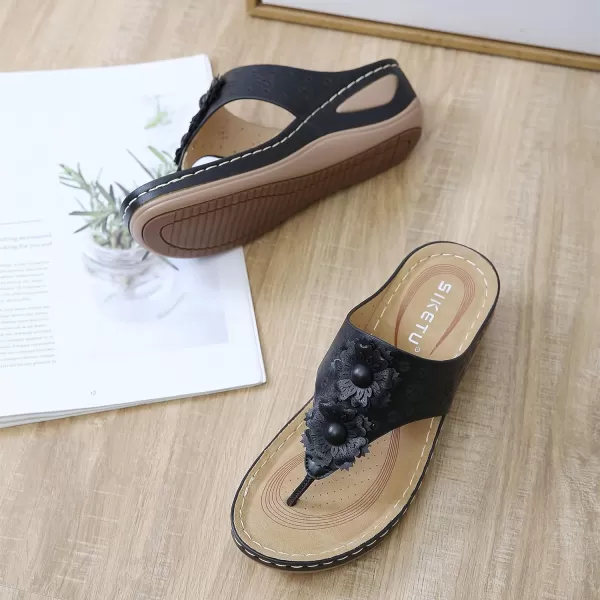 Lazzy Womens Wedge Sandals Platform Flip Flops Beach Sandals Arch Support Comfortable Casual Summer Shoes Bohemia Flowers Thong Wedges for WomenBlack